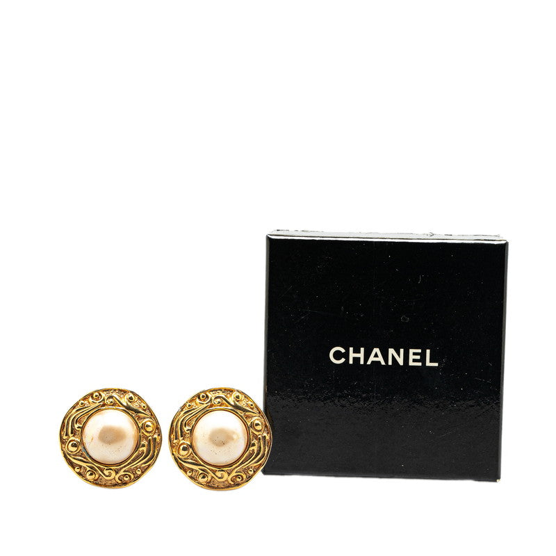 Chanel Gold Plated Round Fake Pearl Earrings Jewelry