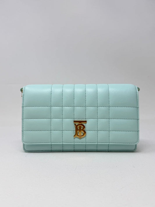 Burberry Luxury Lola Clutch With Light Leather Blue Chain Clutch Bag