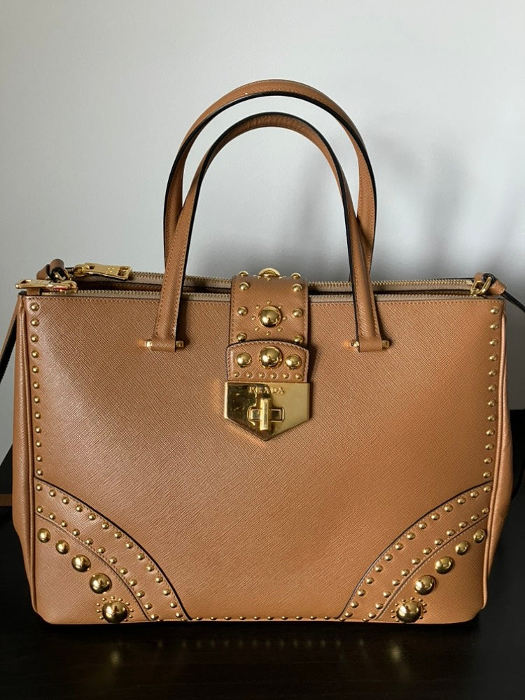 Prada Handbag Turn Lock Shoulder Bag Leather Tan
