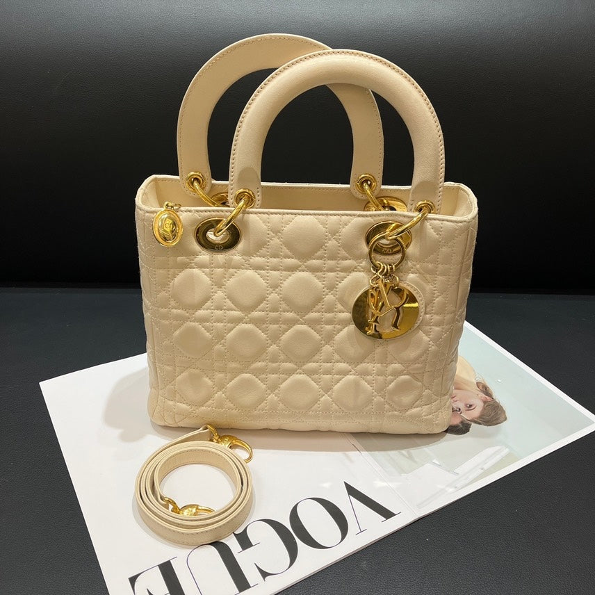 Dior Handbag Lady Bag Leather Quilted Beige