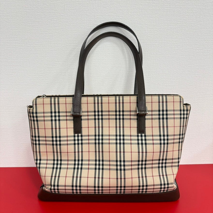 Burberry Luxury Novacheck Tote Bag Leather Canvas Beige
