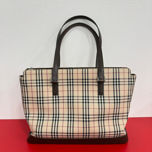 Burberry Luxury Novacheck Tote Bag Leather Canvas Beige