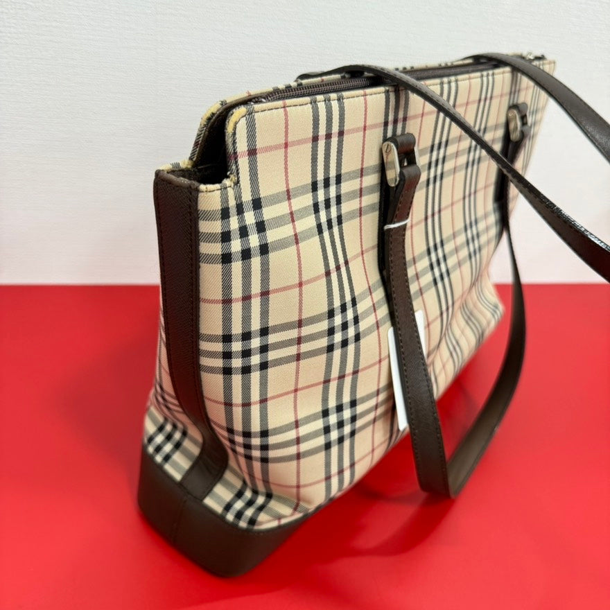 Burberry Luxury Novacheck Tote Bag Leather Canvas Beige