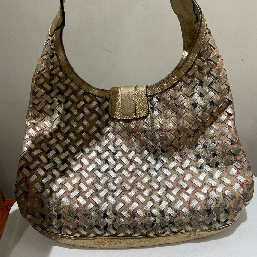 Burberry Luxury Metallic Hobo Bag Gold Woven