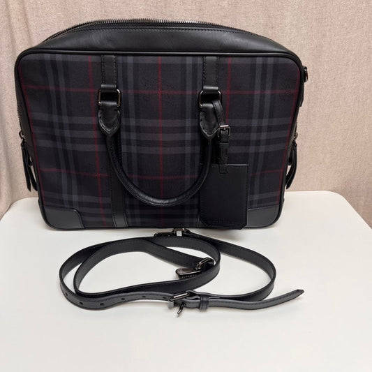 Burberry Luxury Men Haymarket Check Briefcase Handbag Black Travel Bag