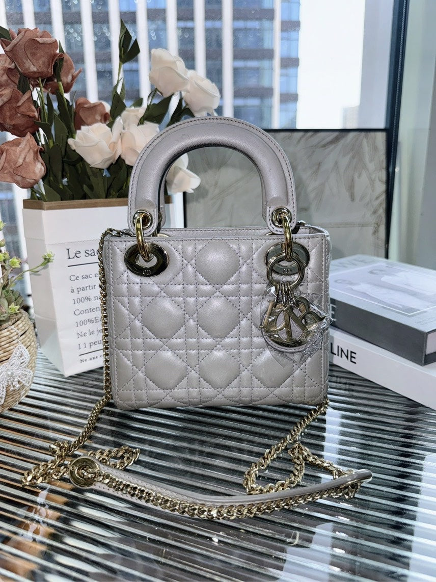 Dior Handbag Lady Shoulder Bag Leather Silver Medium