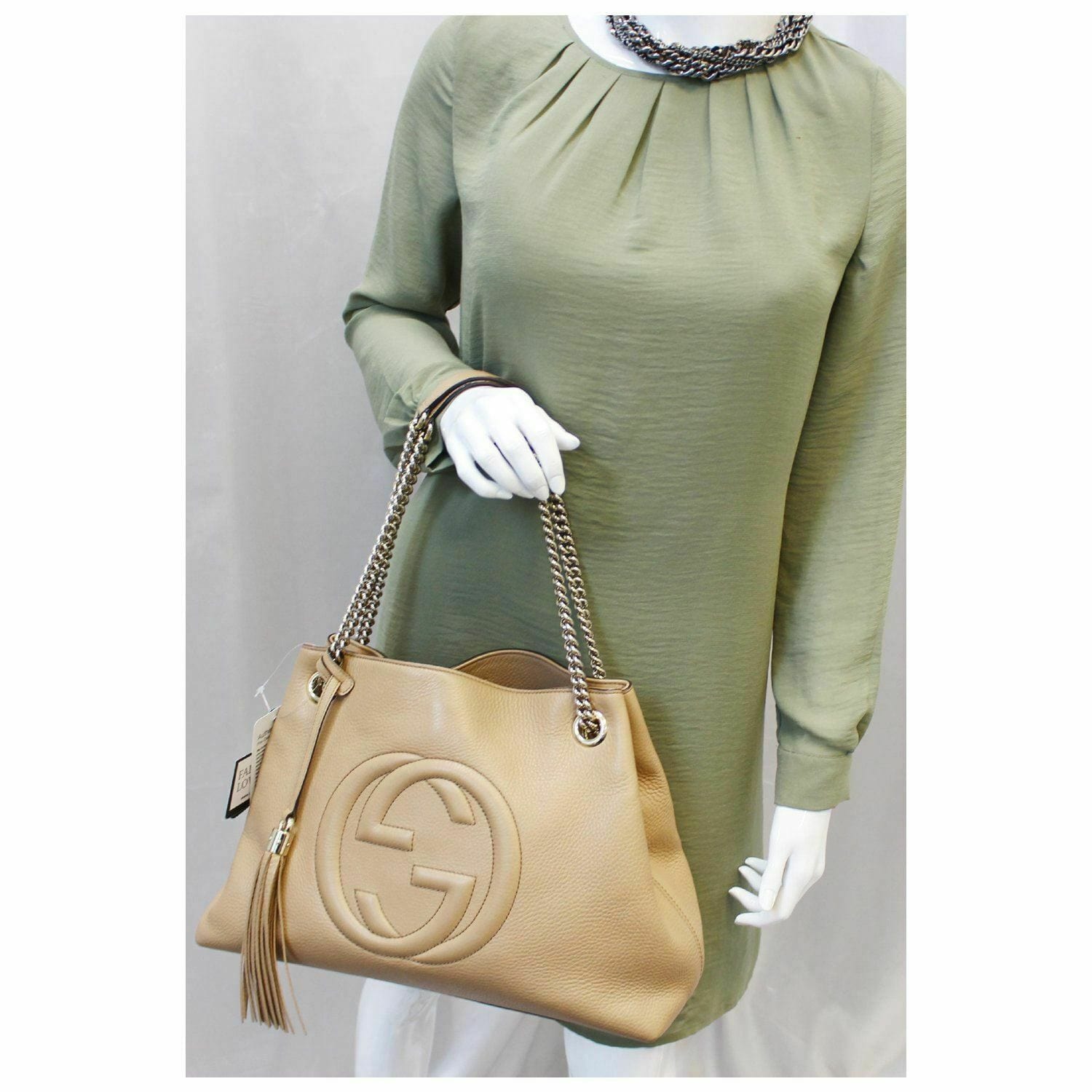 Gucci Soho Pebbled Shoulder Bag Leather Beige
