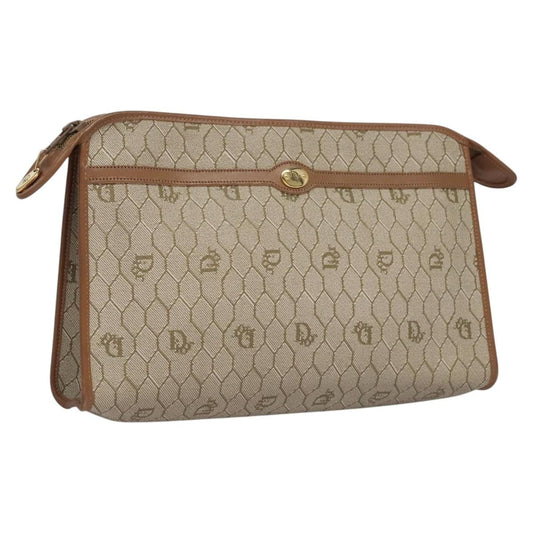 Dior Clutch Bag Christian Honeycomb Pouch Coated Pvc Clutche Canvas Beige Zip