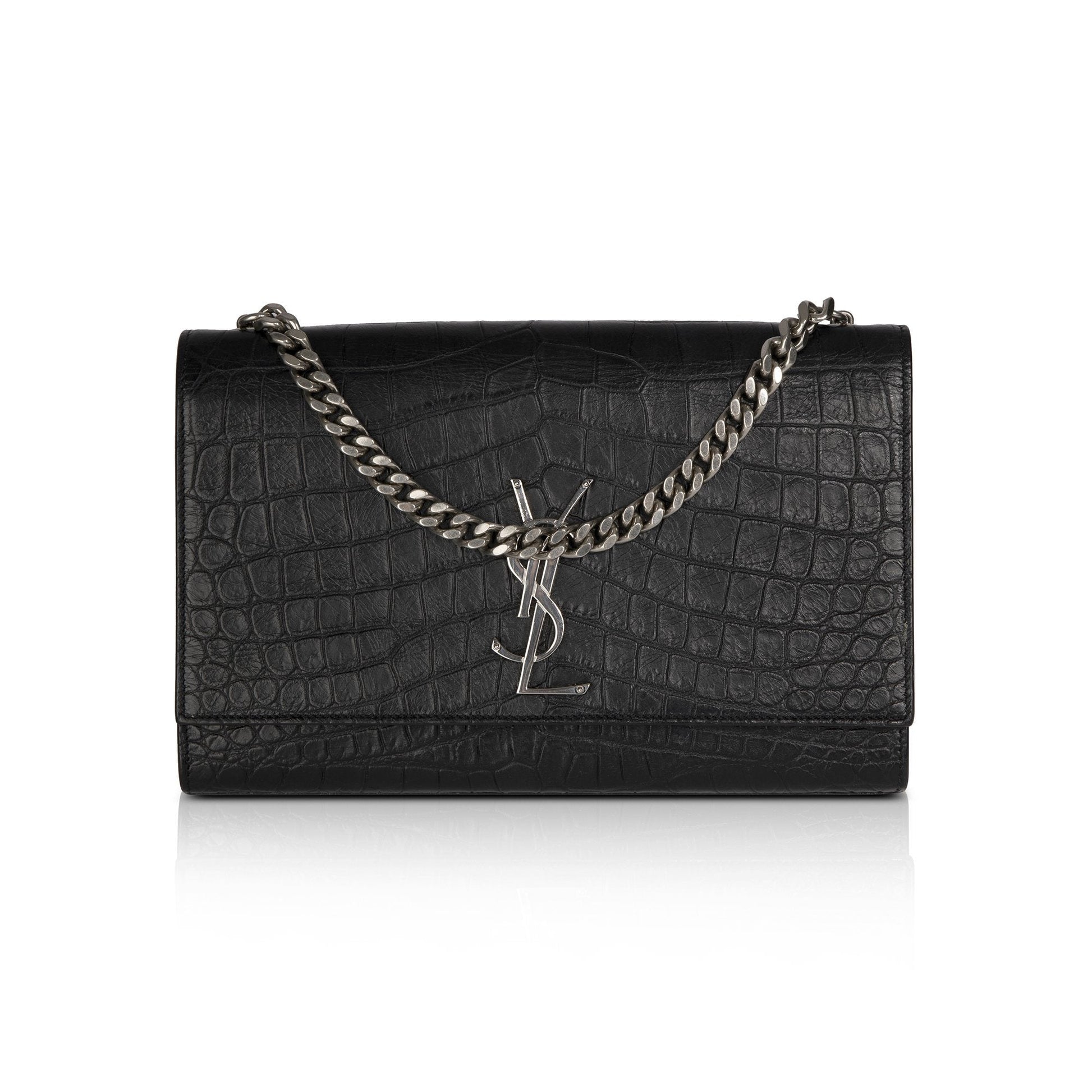 YSL Saint Laurent Croc Embossed Classic Kate Double Handle Satchel Black Medium Travel Bag