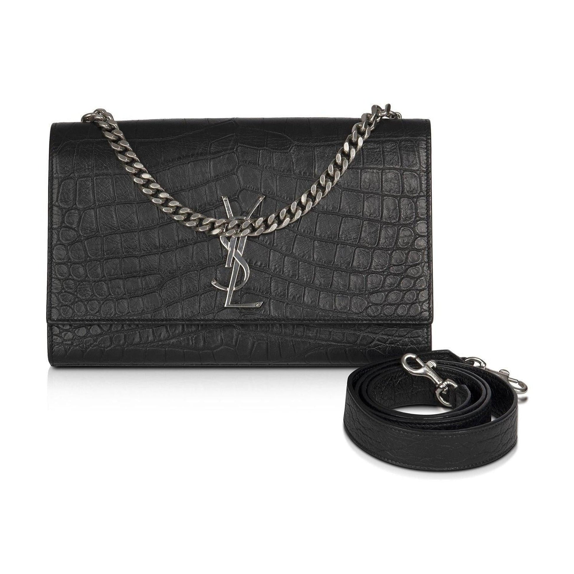 YSL Saint Laurent Croc Embossed Classic Kate Double Handle Satchel Black Medium Travel Bag