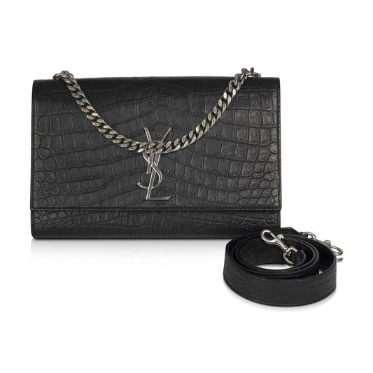 YSL Saint Laurent Croc Embossed Classic Kate Double Handle Satchel Black Medium Travel Bag