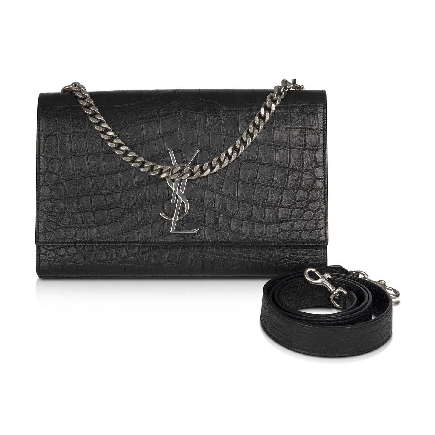 YSL Saint Laurent Croc Embossed Classic Kate Double Handle Satchel Black Medium Travel Bag