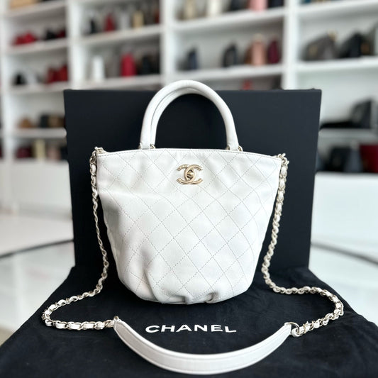 Chanel *Series 28* CC Lock Tote Stitched Calfskin White Bucket Tote Bag