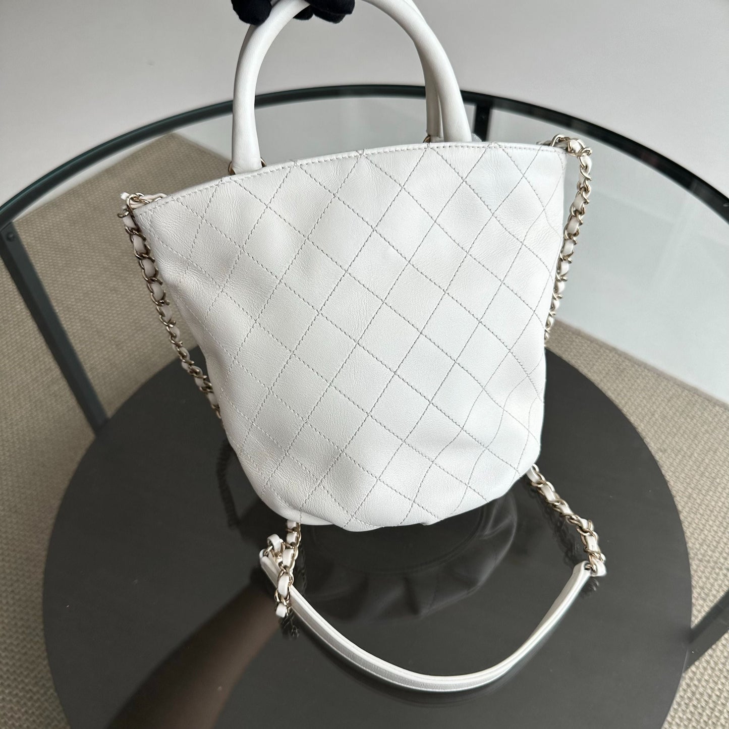 Chanel *Series 28* CC Lock Tote Stitched Calfskin White Bucket Tote Bag