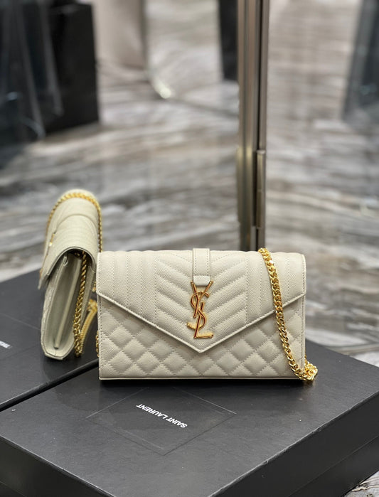 YSL Saint Laurent Envelope , ’s 8in 22cm White Small Chain Handbag