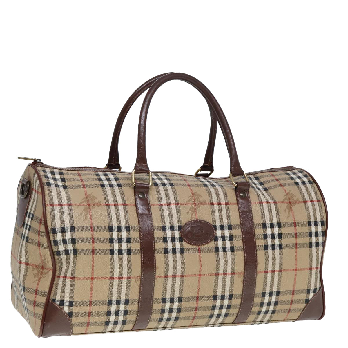 Burberry Luxury ss Nova Check Boston Bag Pvc Auth Leather Beige Travel Bag
