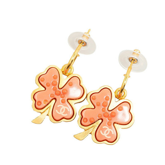 Chanel Gold-Plated Plastic Coco Mark Clover Motif Swing Earrings Jewelry
