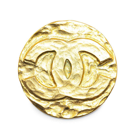 Gold Plated Coco Mark Round Brooch Signature