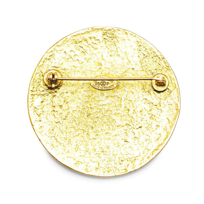 Gold Plated Coco Mark Round Brooch Signature