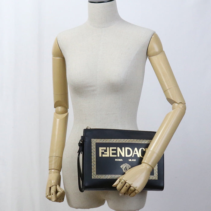 Fendi 7Va491 Clutch Bag Fendace Second Bag Unisex Leather Black