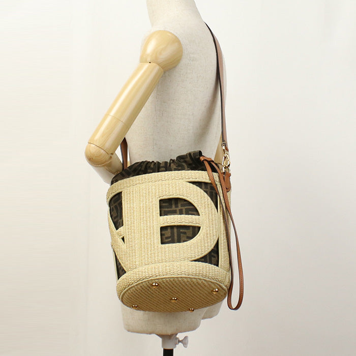 Fendi 8Bt364 Handbag Step Out Bag Straw Jacquard Two Canvas Beige Medium Bucket Bag