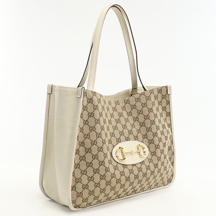 Gucci Horsebit GG Leather Canvas Beige Shoulder Bag