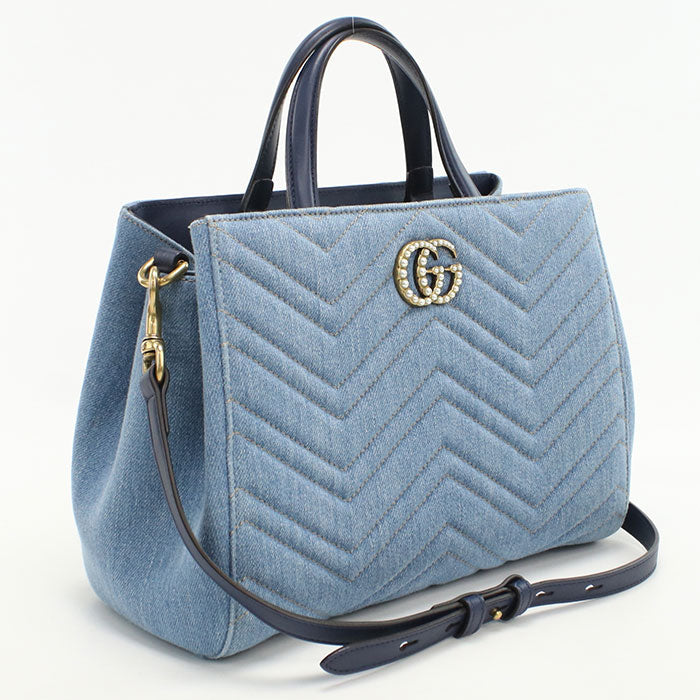 Gucci 2WAY GG Marmont Leather Denim Blue Tote Bag