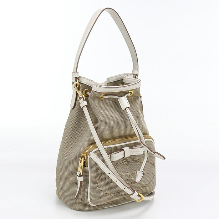 Jacquard Bucket Bag Way Handbag Women Leather Beige