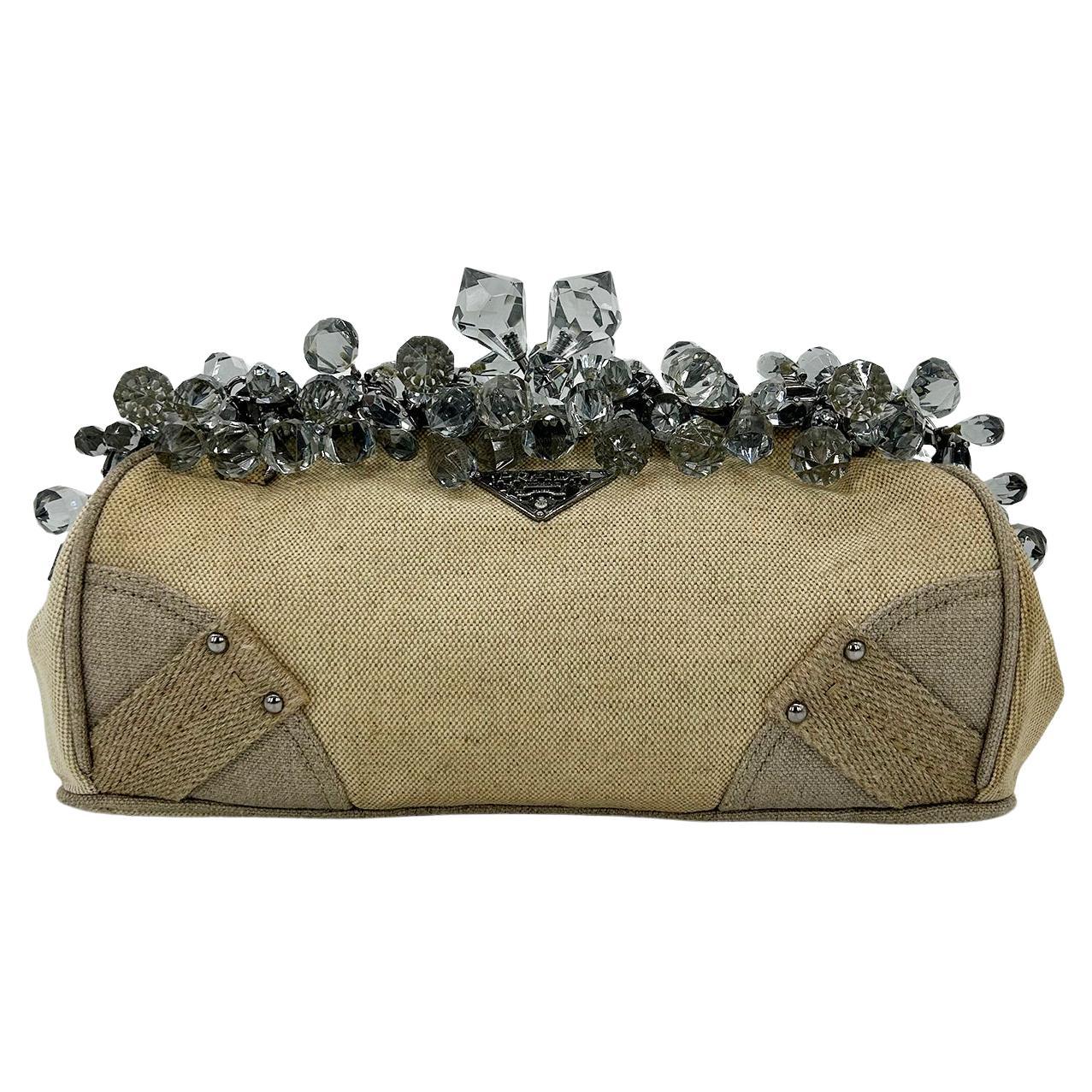 Prada Mistolino Natural Crystal Beaded Top Pochette Travel Bag Canvas