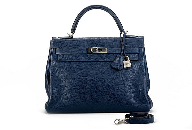 Hermes Kelly Nuit Clemence Handbag Satin Blue Travel Bag