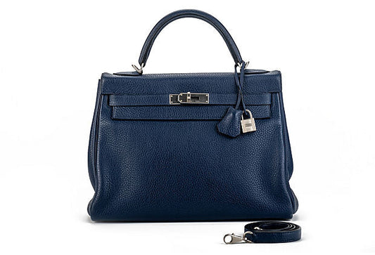 Hermes Kelly Nuit Clemence Handbag Satin Blue Travel Bag