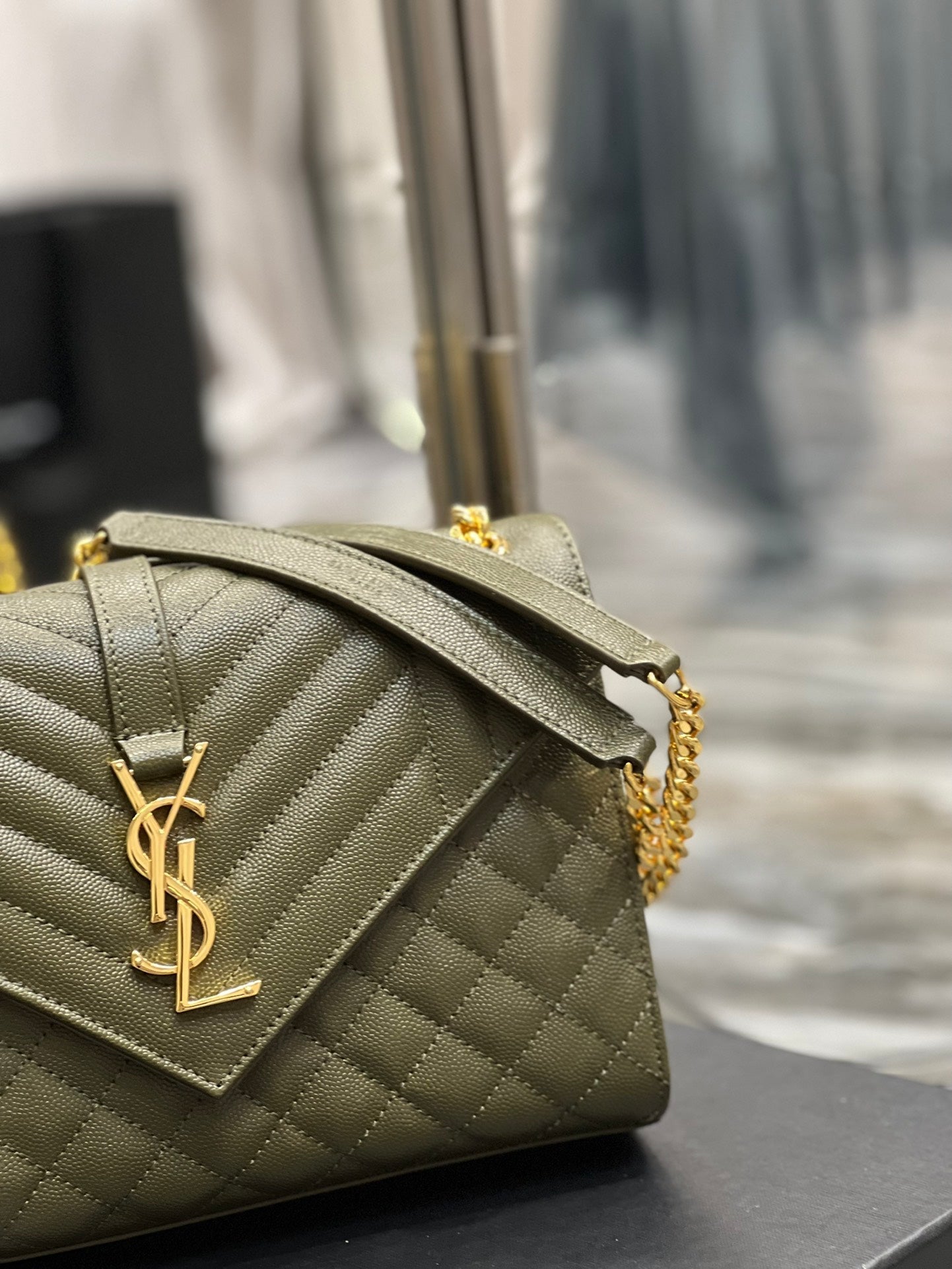 YSL Saint Laurent Envelope Dark , ’s 9in Green Medium Chain Handbag