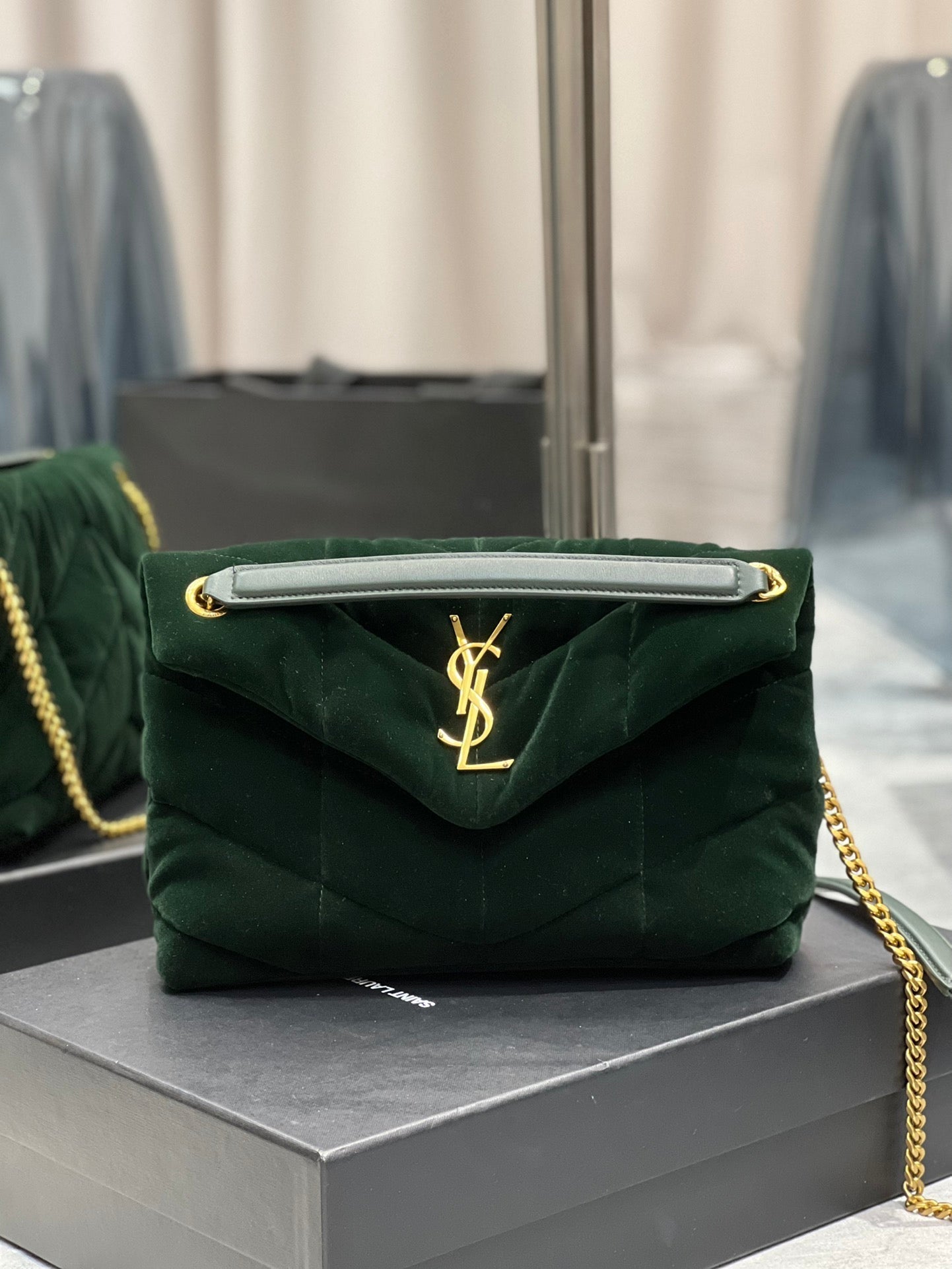 YSL Saint Laurent Puffer Dark , ’s 11in Green Small Chain Handbag