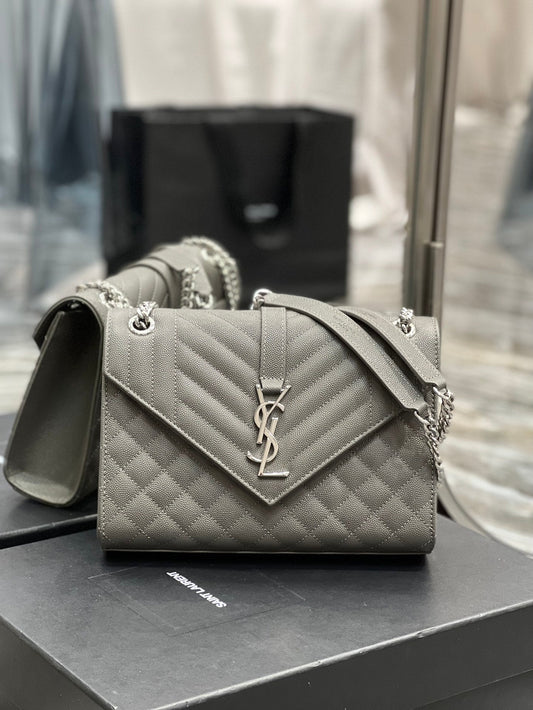 YSL Saint Laurent Envelope Dark , ’s 9in Grey Medium Chain Handbag