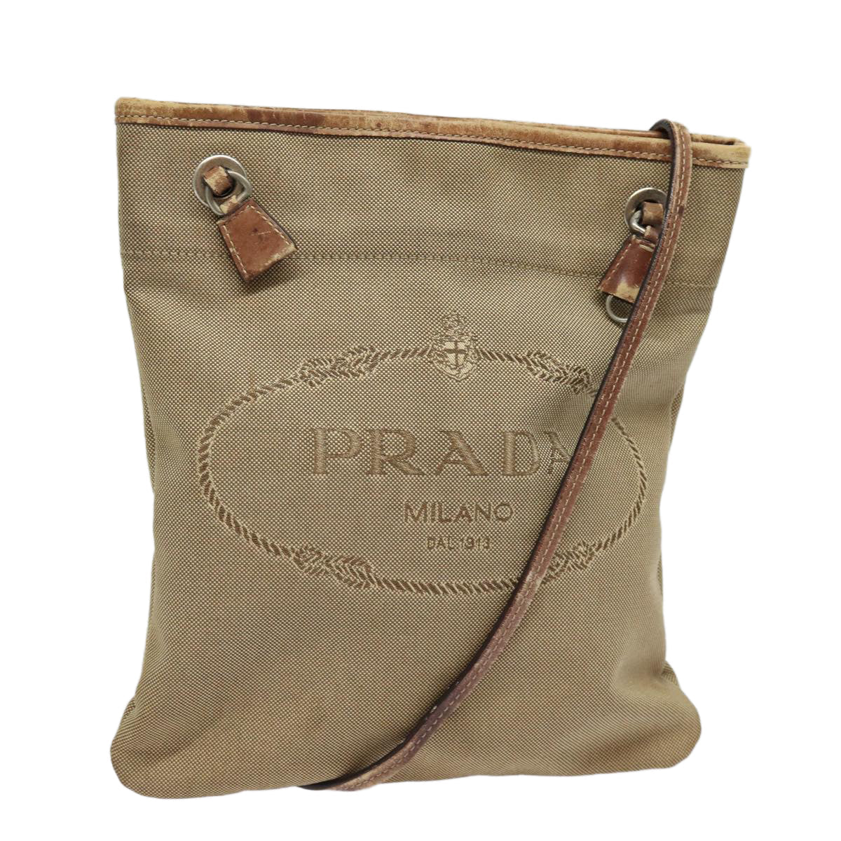 Prada Shoulder Bag Auth Canvas Beige Silver