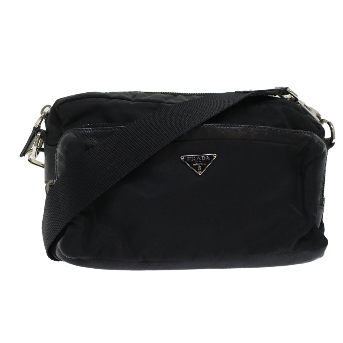 Prada Shoulder Bag Auth Leather Nylon Black Black Auth Yk7476