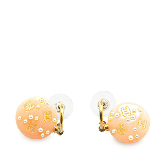 Chanel Faux Pearl Coco Mark Swing Plastic Earrings Jewelry