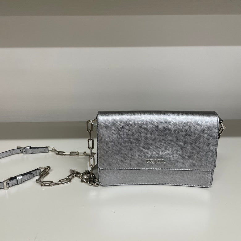 Prada Crossbody Bag Leather Saffiano Silver